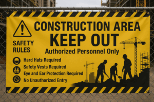"Yellow construction site banner on a chain-link fence displaying safety warnings including ‘Construction Area,’ ‘Restricted Area,’ ‘No Trespassing,’ and required protective gear icons."
