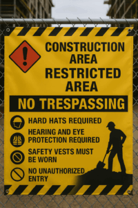 "Yellow construction site banner with safety warnings including ‘Construction Area,’ ‘Restricted Area,’ ‘No Trespassing,’ and required protective gear symbols attached to a chain-link fence."